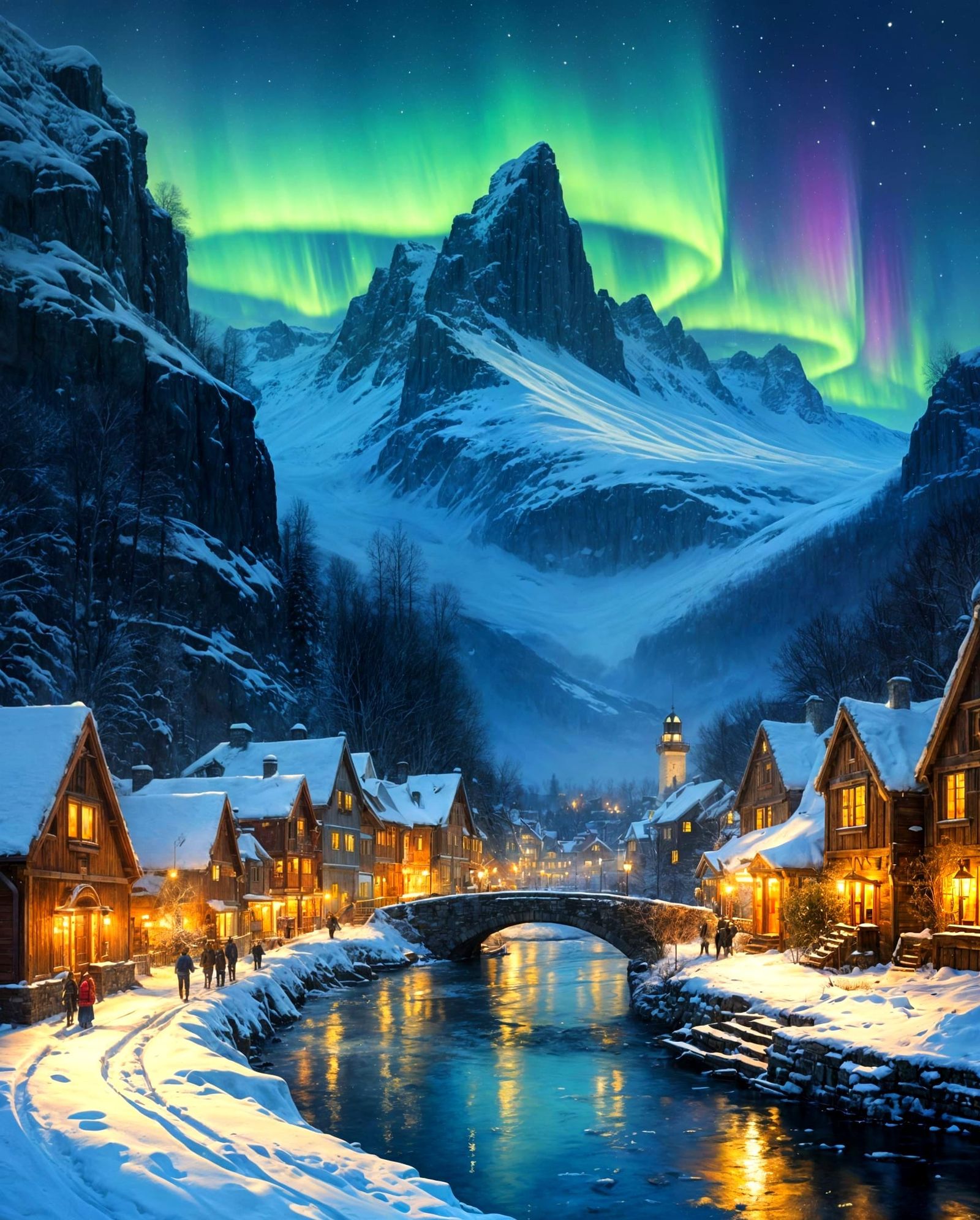 Enchanted Winter Cityscape with Northern Lights