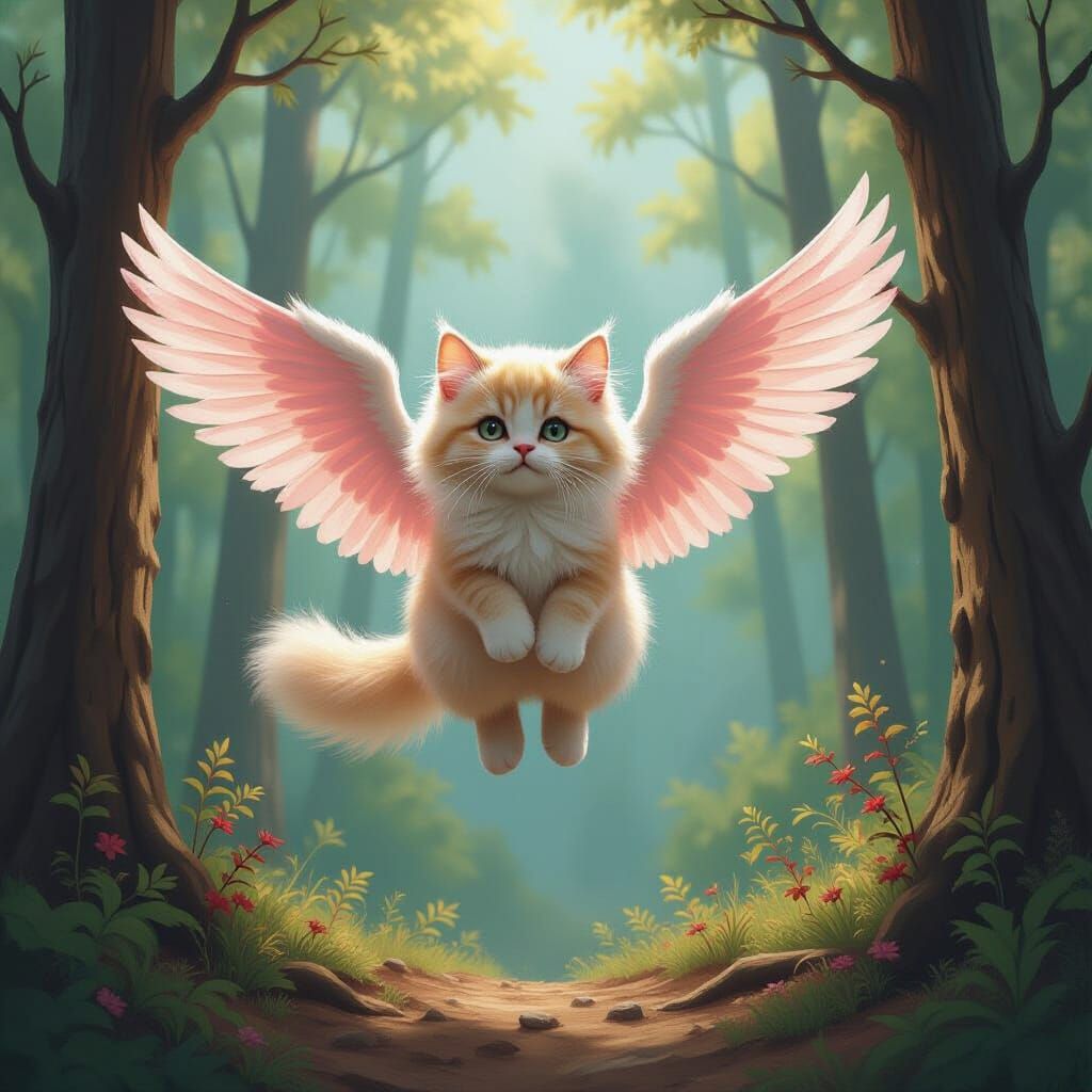 Fluffy Pink Cat Flies Through Surreal Upside-Down Forest