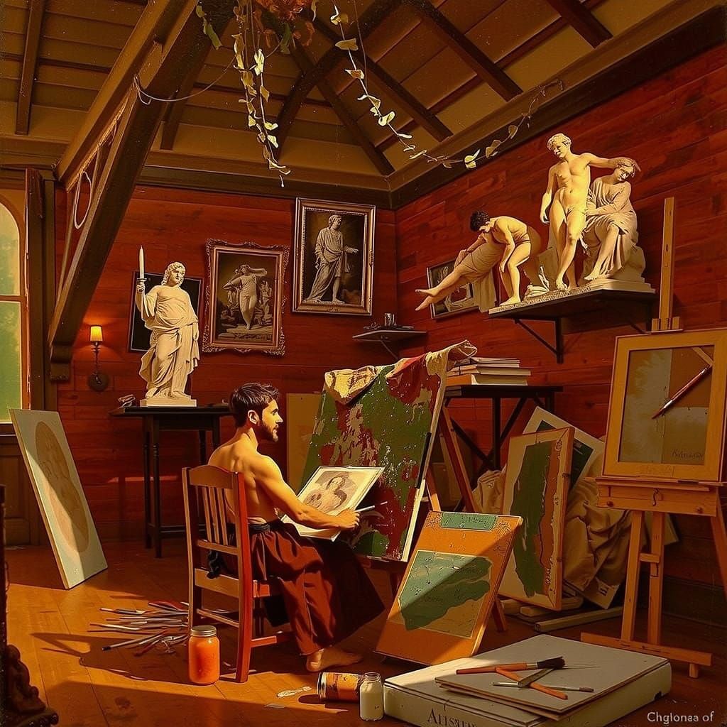 Renaissance Master Artist at Work in Elegant Studio