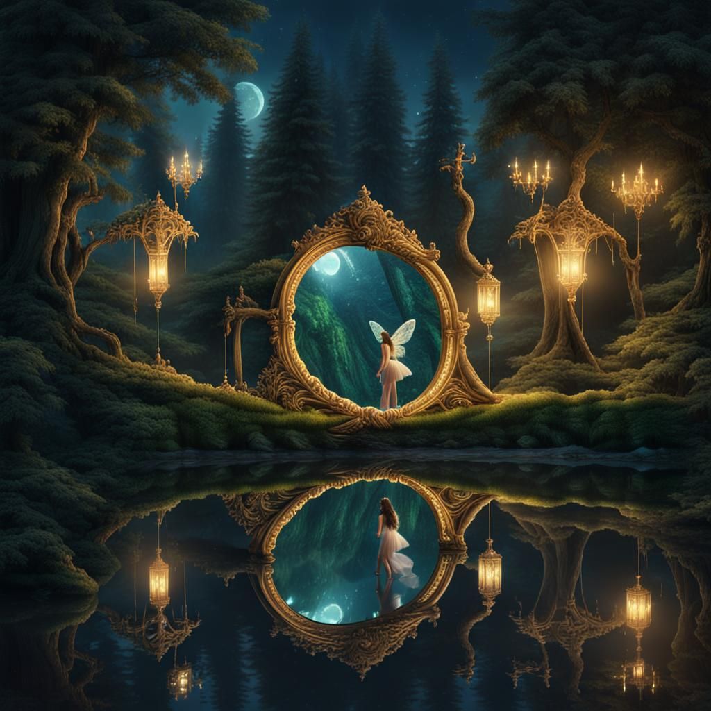 Fairy Reflection in Night Forest: Digital Matte Painting