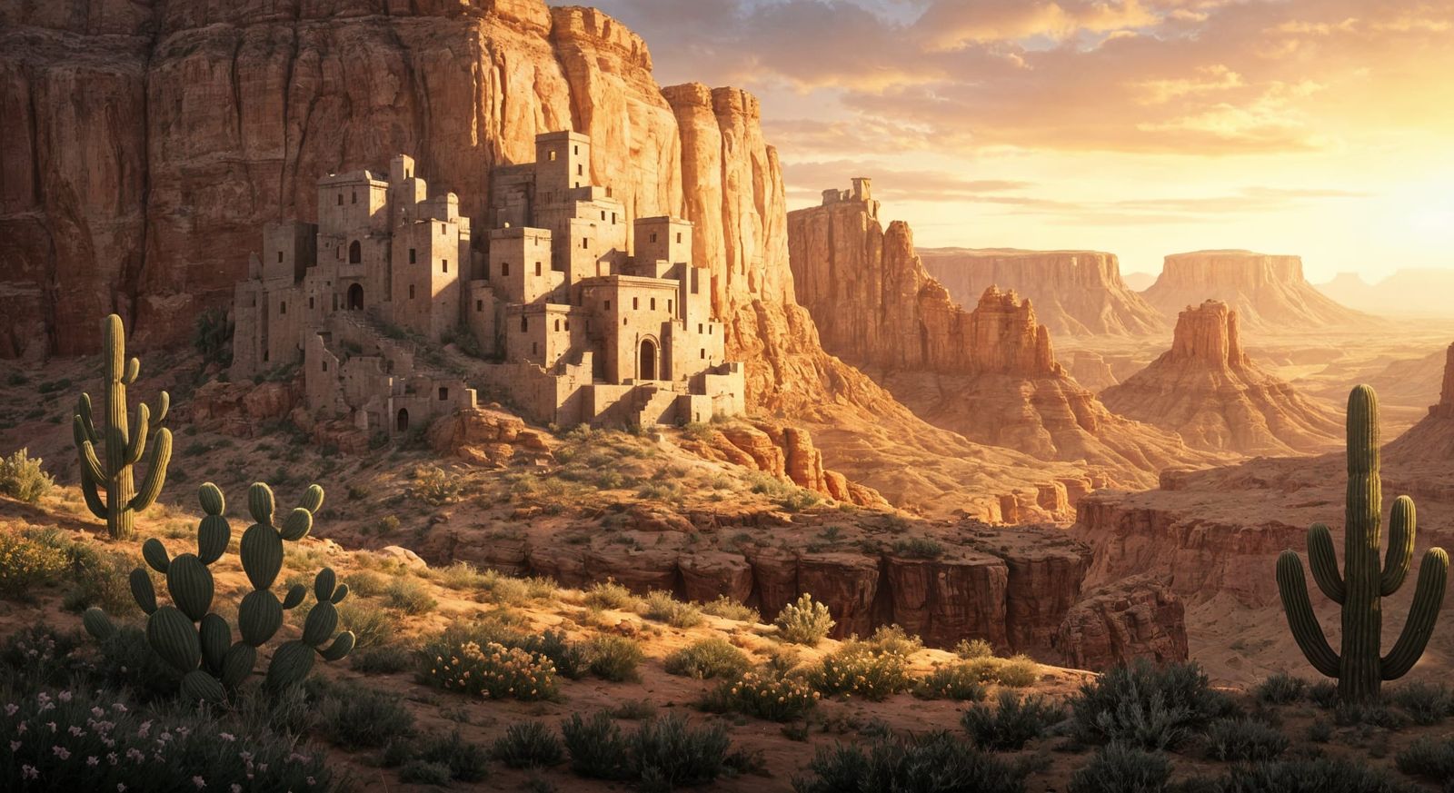 Ancient City on Canyon Wall at Sunset