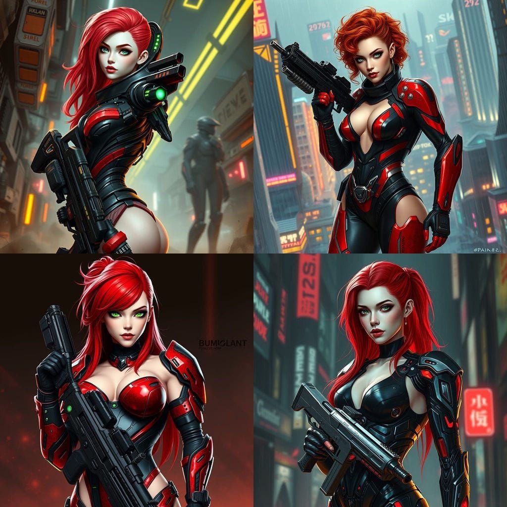 Cyberpunk Combat Gynoid with Red Hair and Black Armor