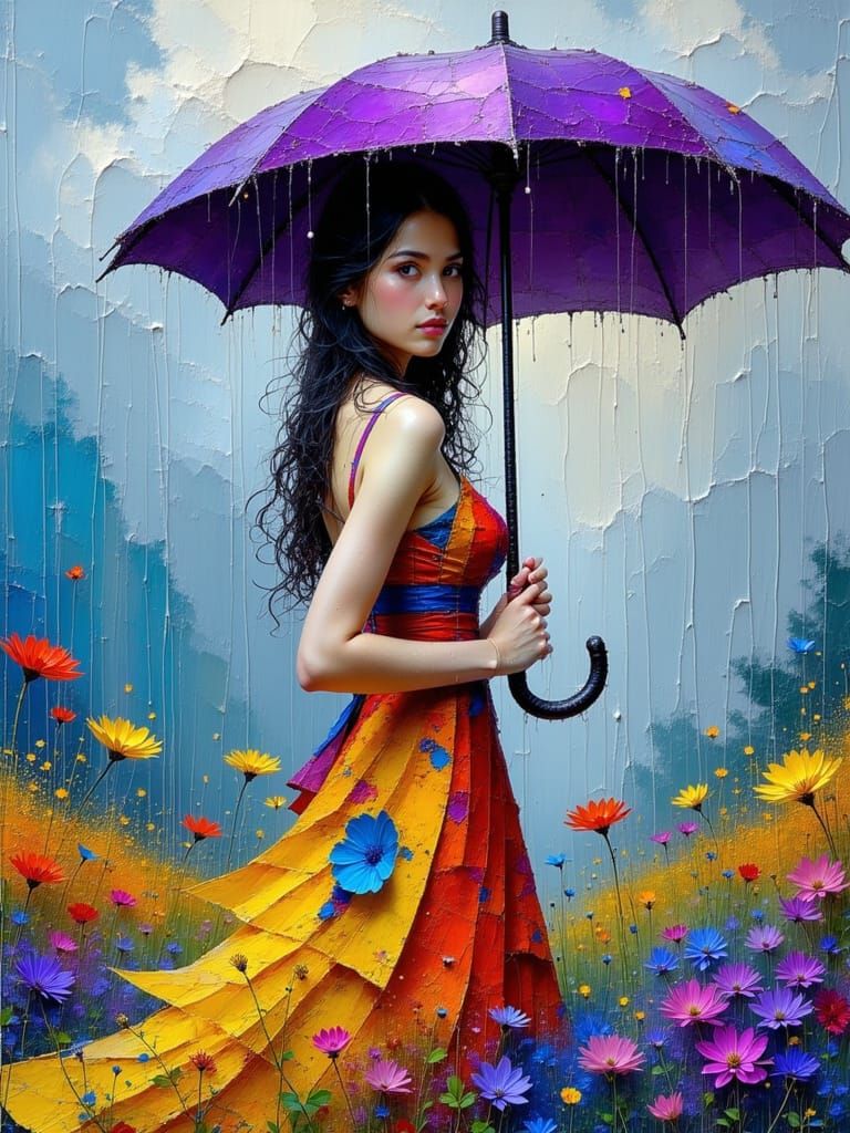 A Portrait of a Lovely Woman in a Colorful Rainy Landscape