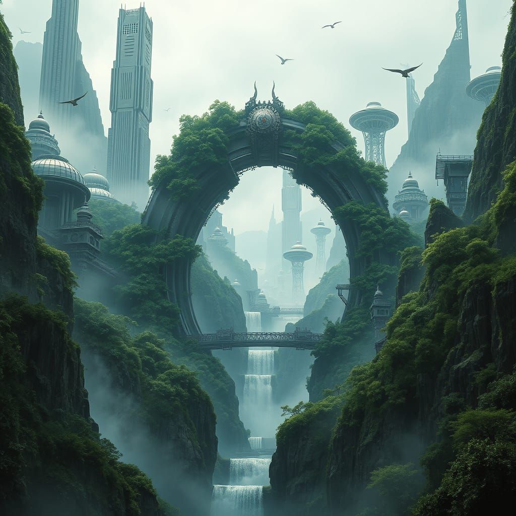 Cyberpunk Valley with Futuristic Archway and Towering Skyscr...