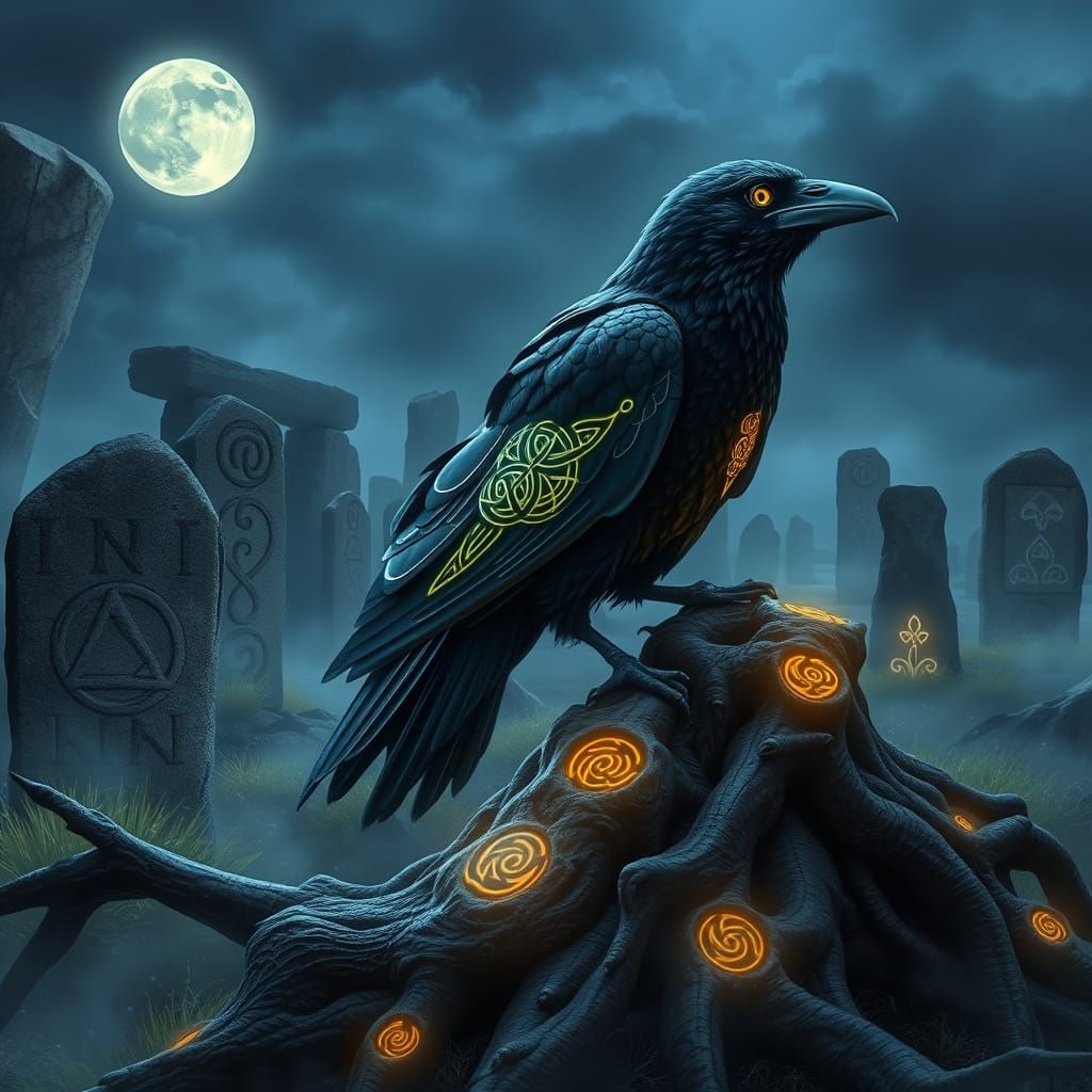 Celtic Raven in Twilight Landscape