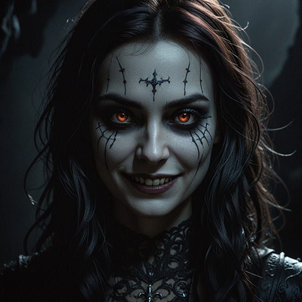 Gothic Portrait of a Smiling Girl in Dark Fantasy Style