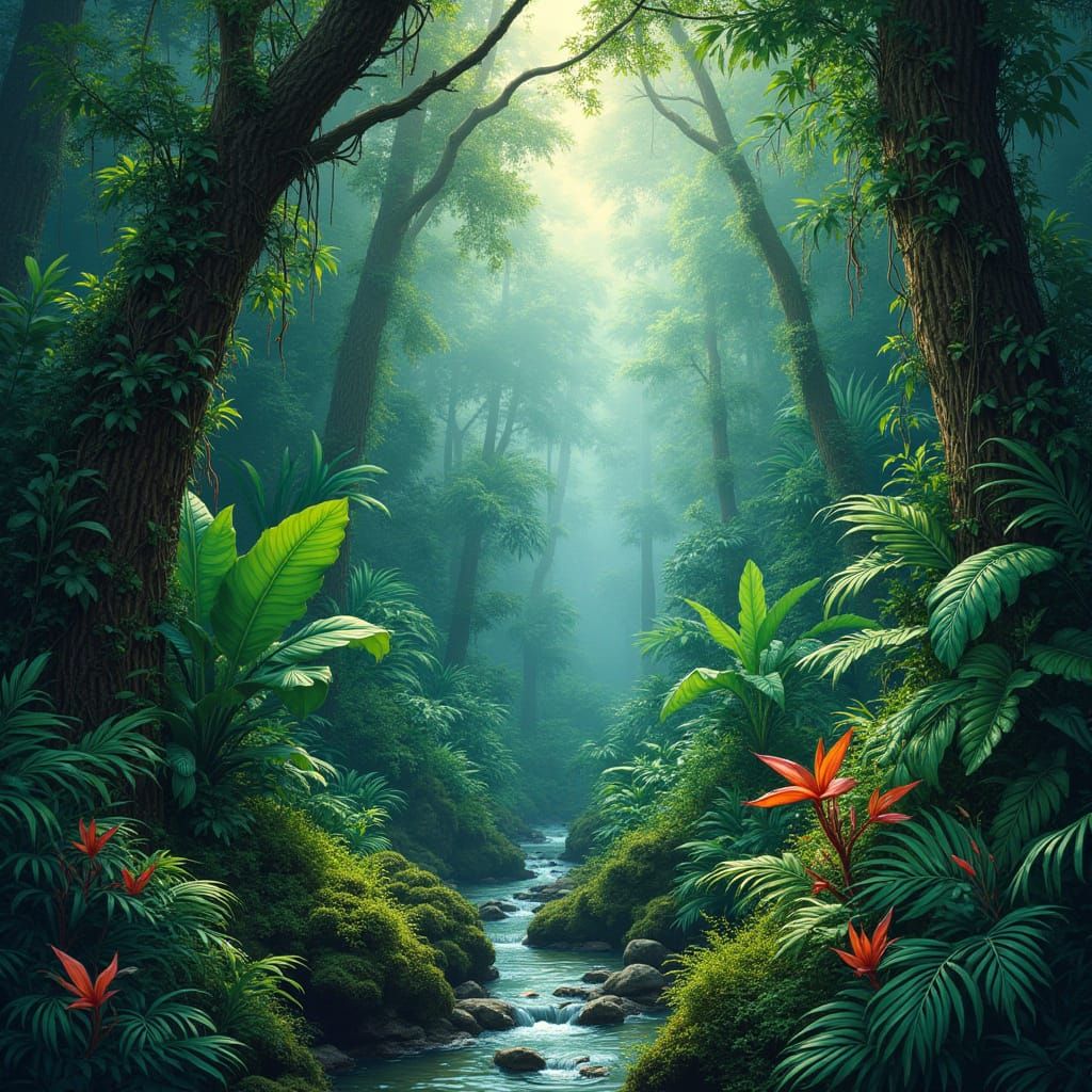 Vibrant Rainforest Dreamscape in Whimsical Artistic Style