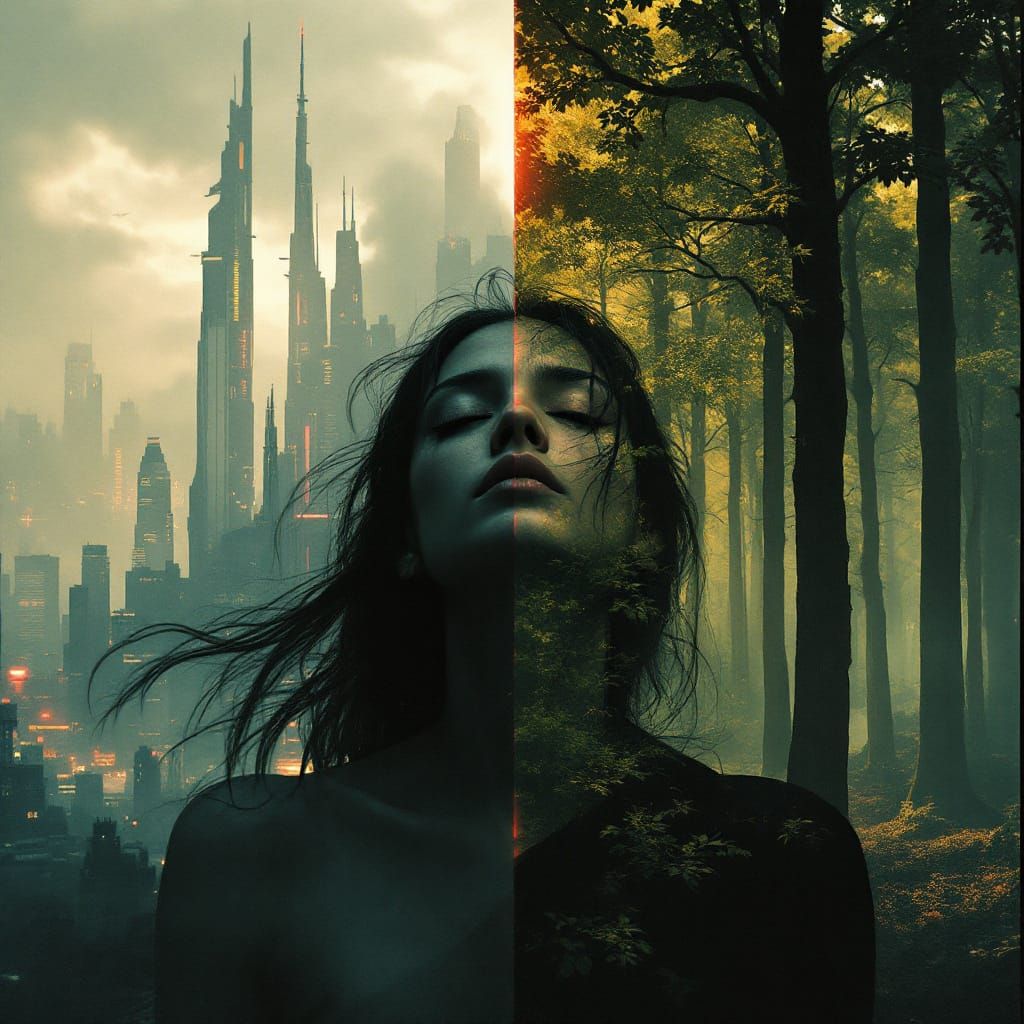 Woman Between Cyberpunk Dystopia and Natural Paradise