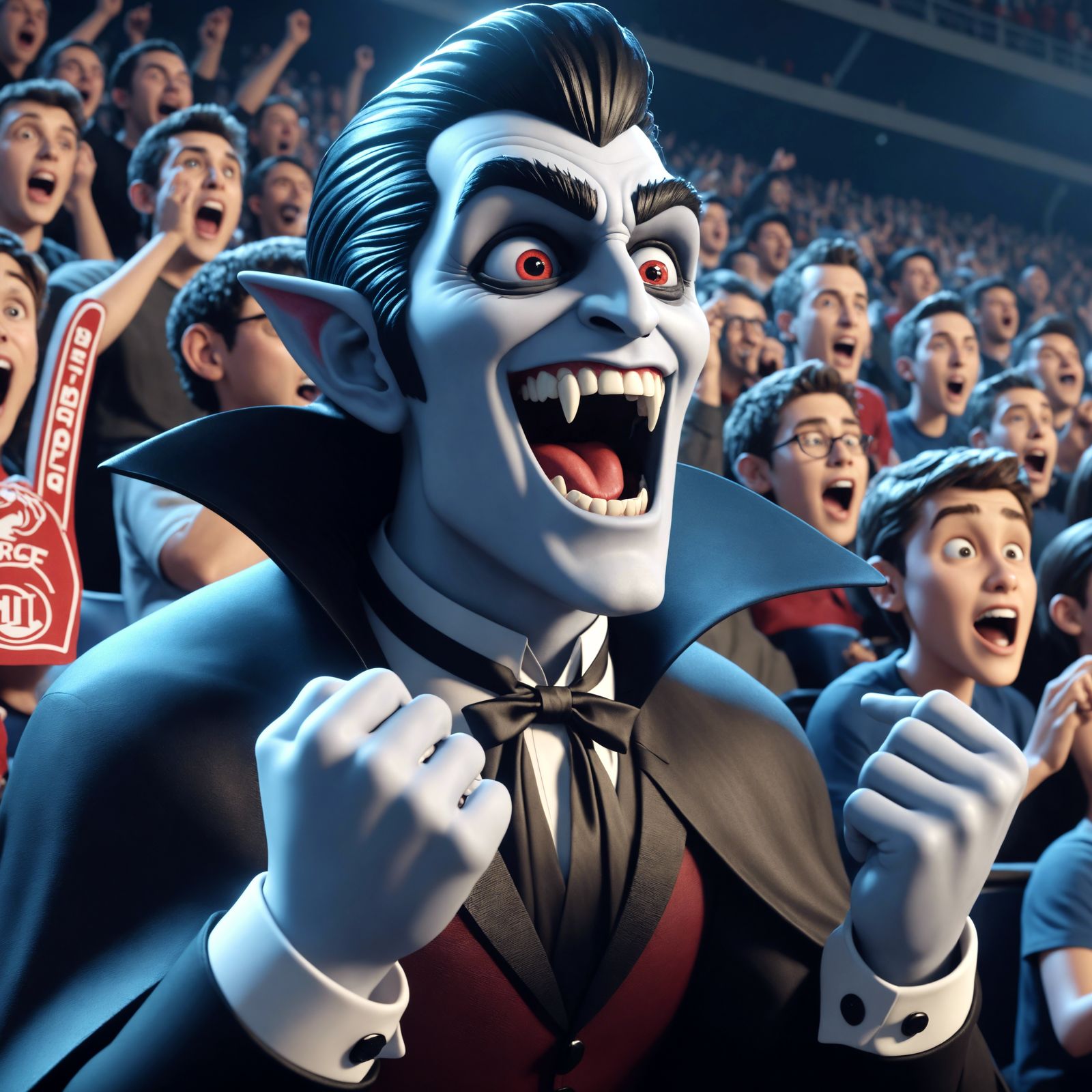 Cartoon Vampire Cheers at Sporting Event