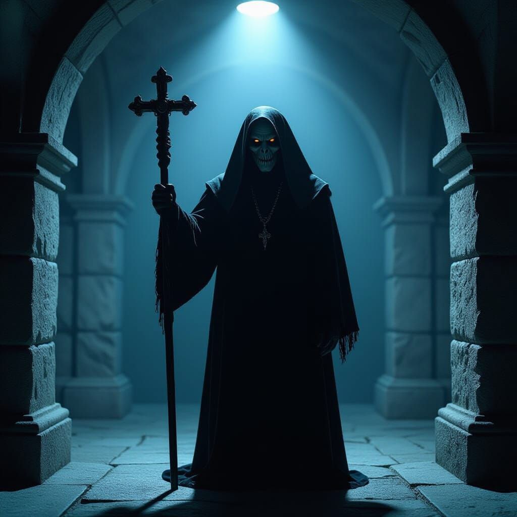 Eerie Crypt Keeper in Shadowy Lighting