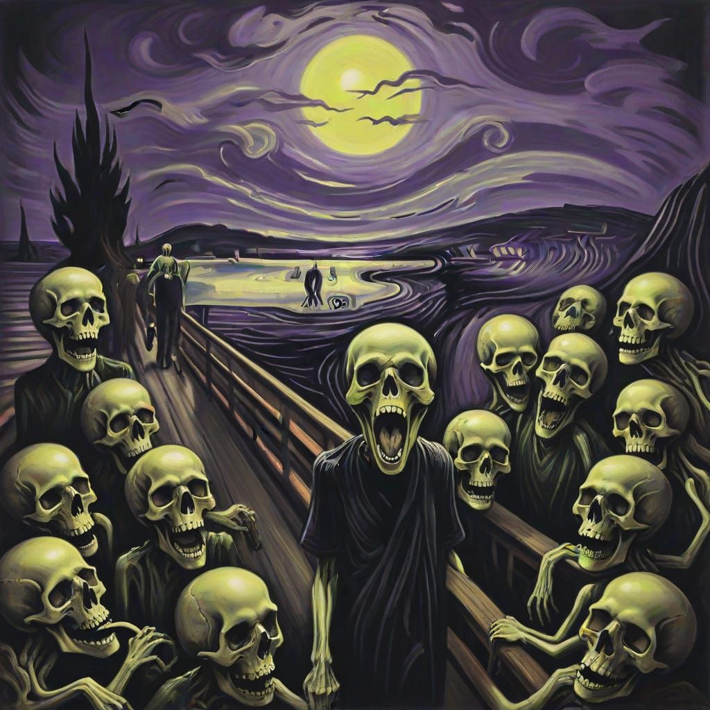 Eerie Charcoal Abyss with Screaming Skulls