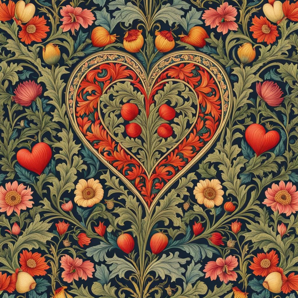 william morris (love heart:1.8) design, beautiful print artw...