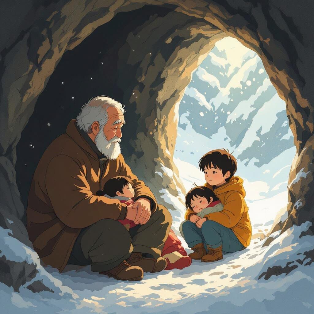 Heartwarming Cave Encounter in Illustration Style