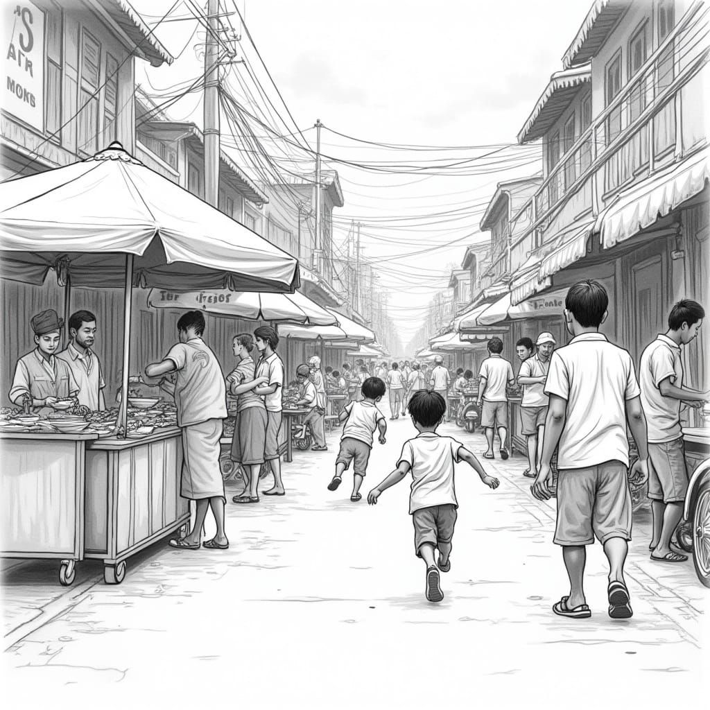 Malaysian Street Scene in Black and White Line Art