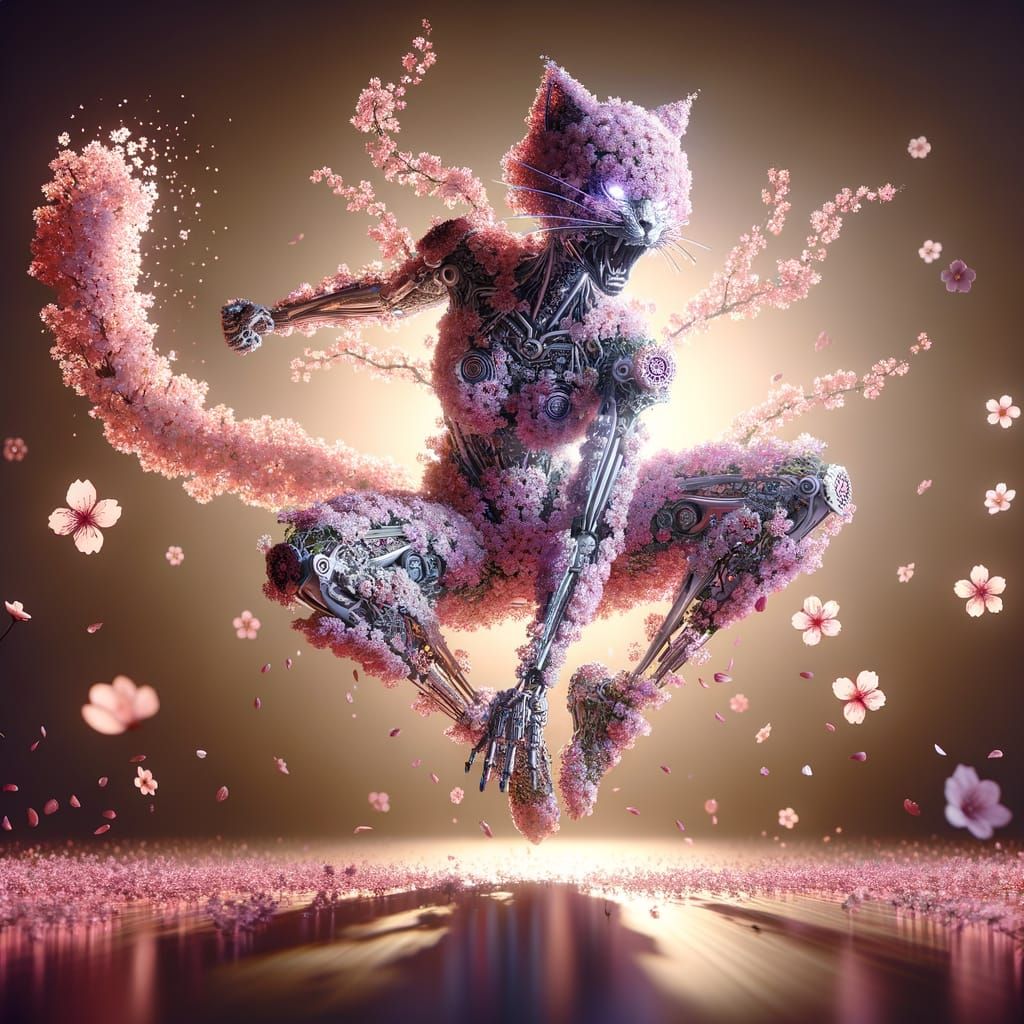 Cyberpunk Cherry Blossom Cat Girl Digital Art