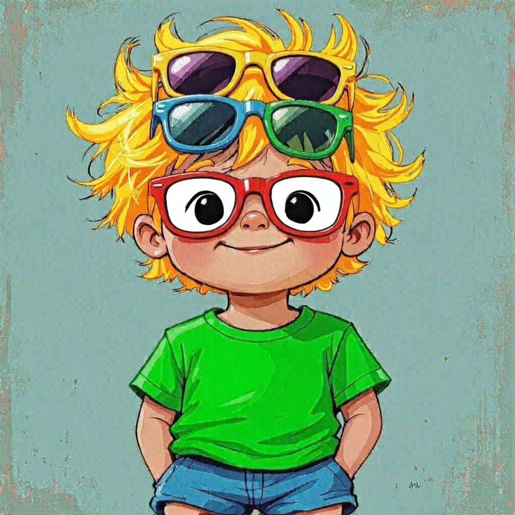 Boy with Stacked Sunglasses in Vivid Colors