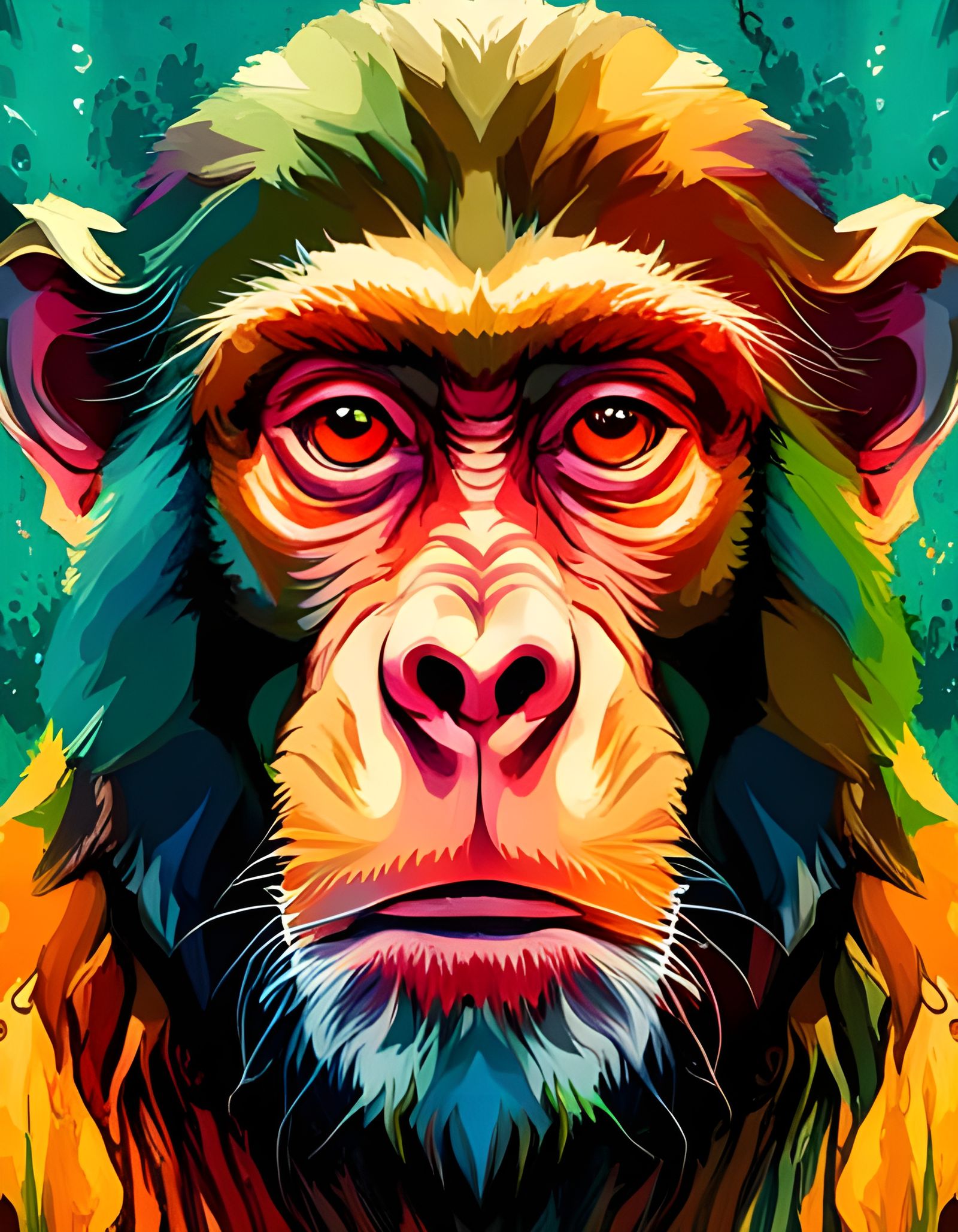Monkey Portrait with Serious Expression in Bold Colors