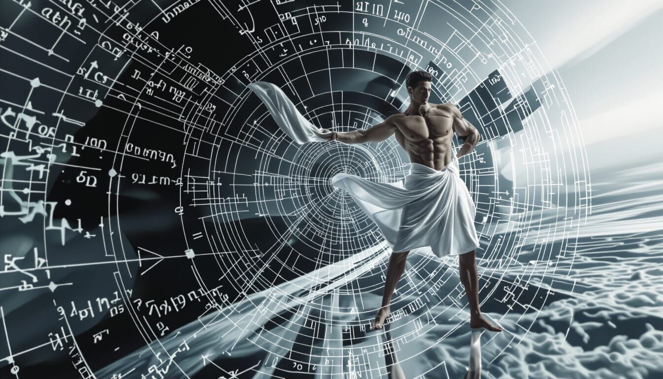Philosophical Equations Surround a Muscled Man, Surreal Real...