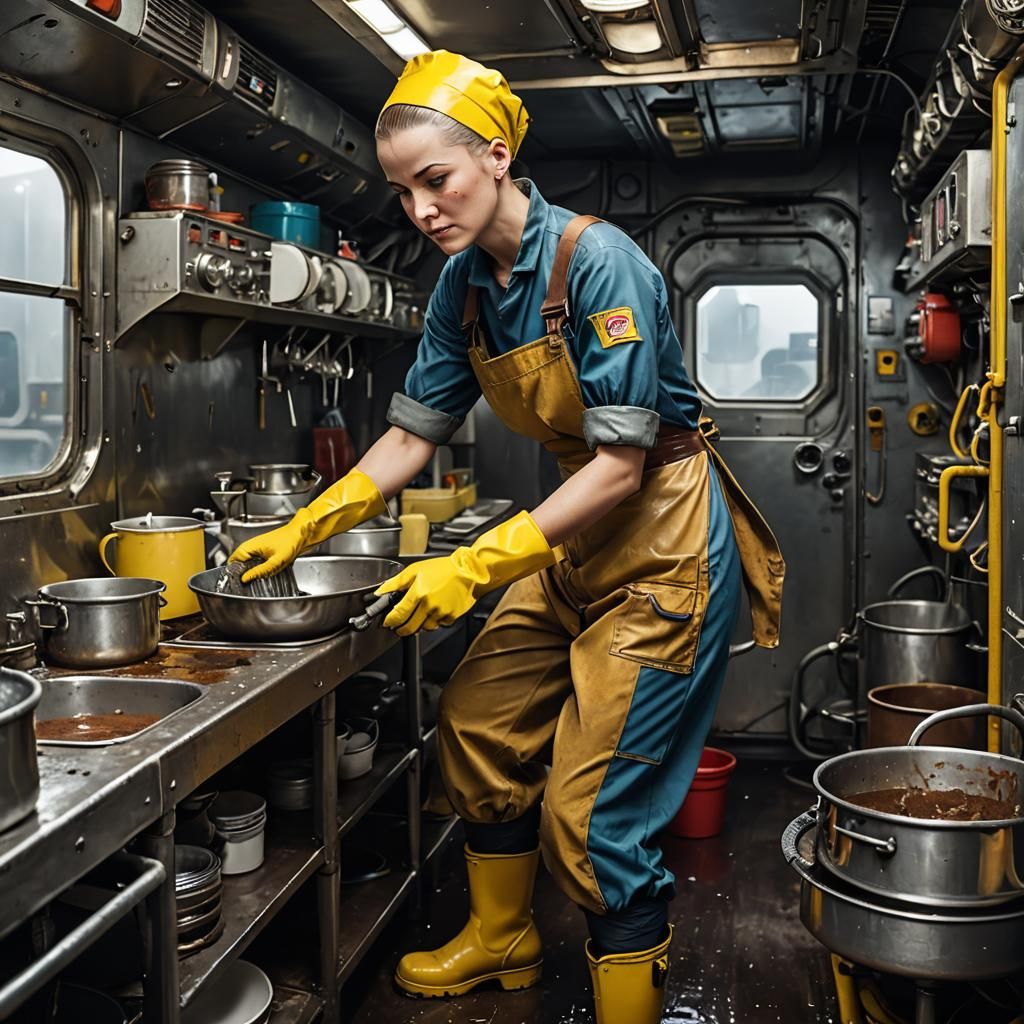 Exhausted Worker Washing Dishes on Spacefreighter