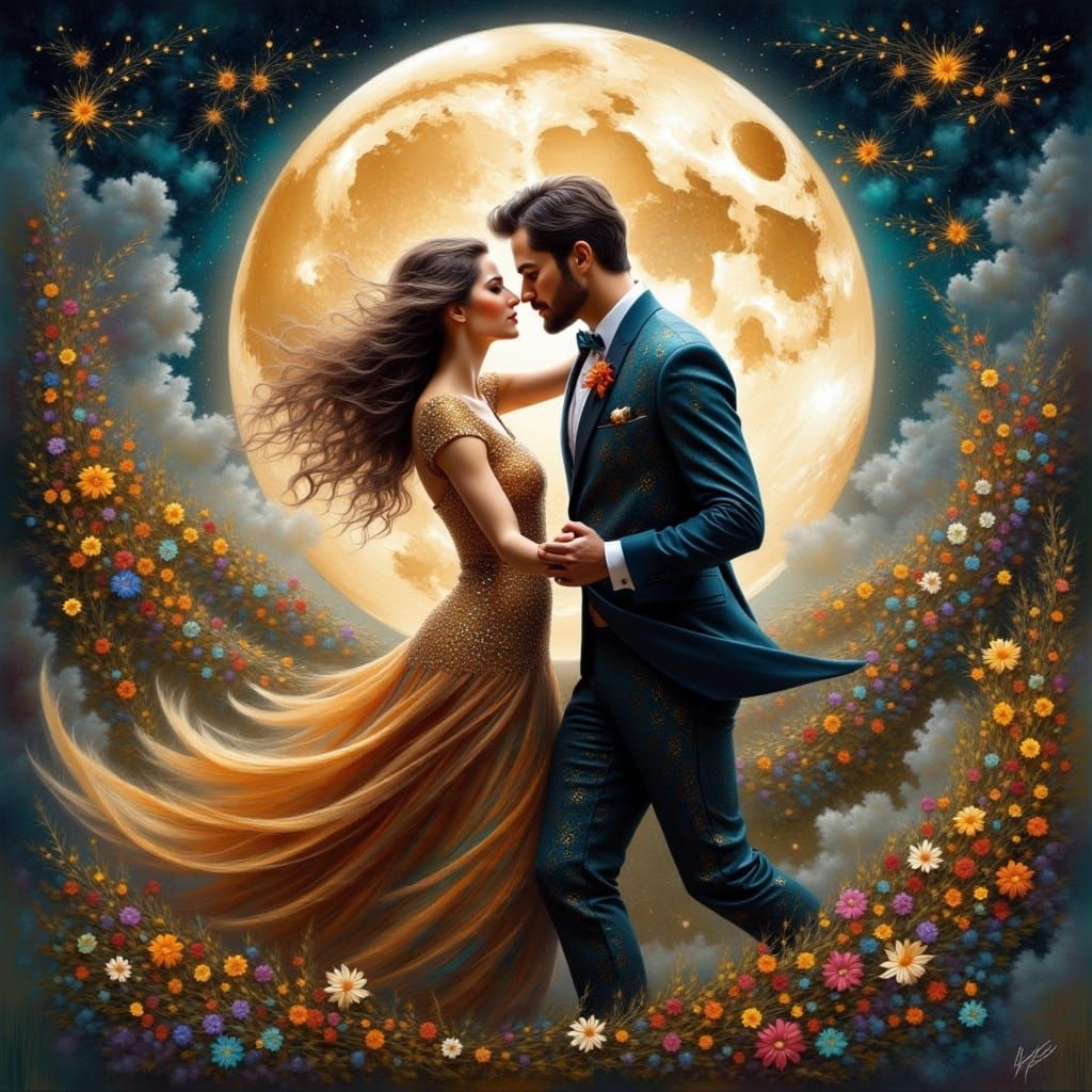 Romantic Dance Under the Moon in Art Nouveau Style