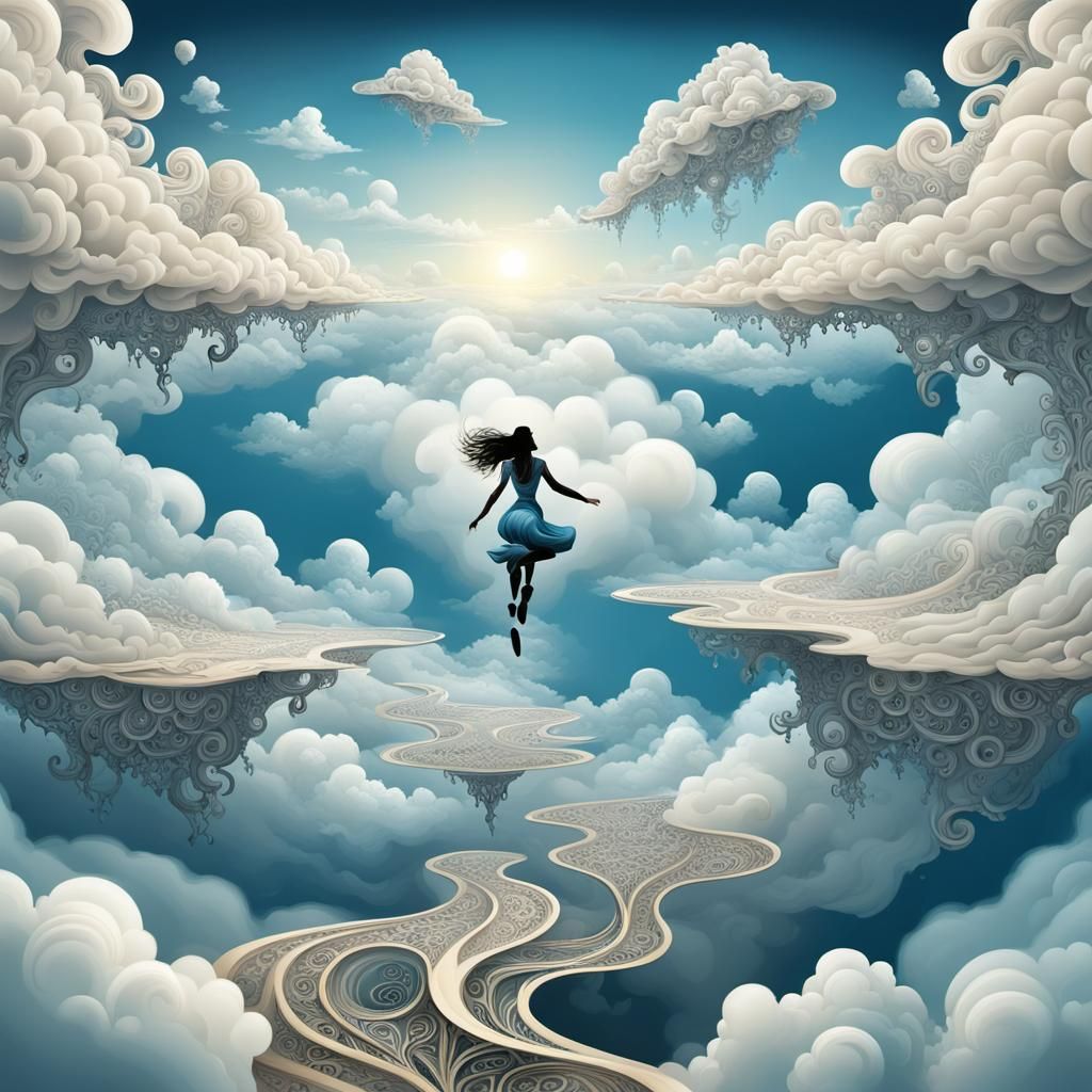 Surreal Girl Running on Clouds in Fantasy Art Style