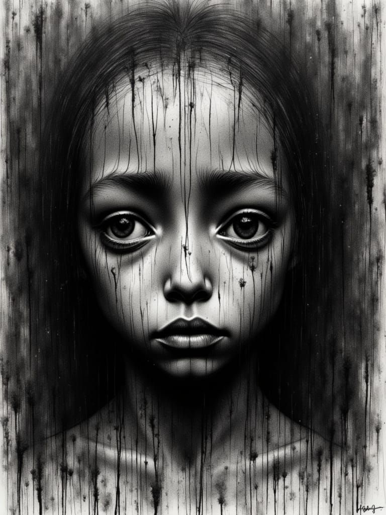 Starving Child in Sudan: Expressive Ink Drawing