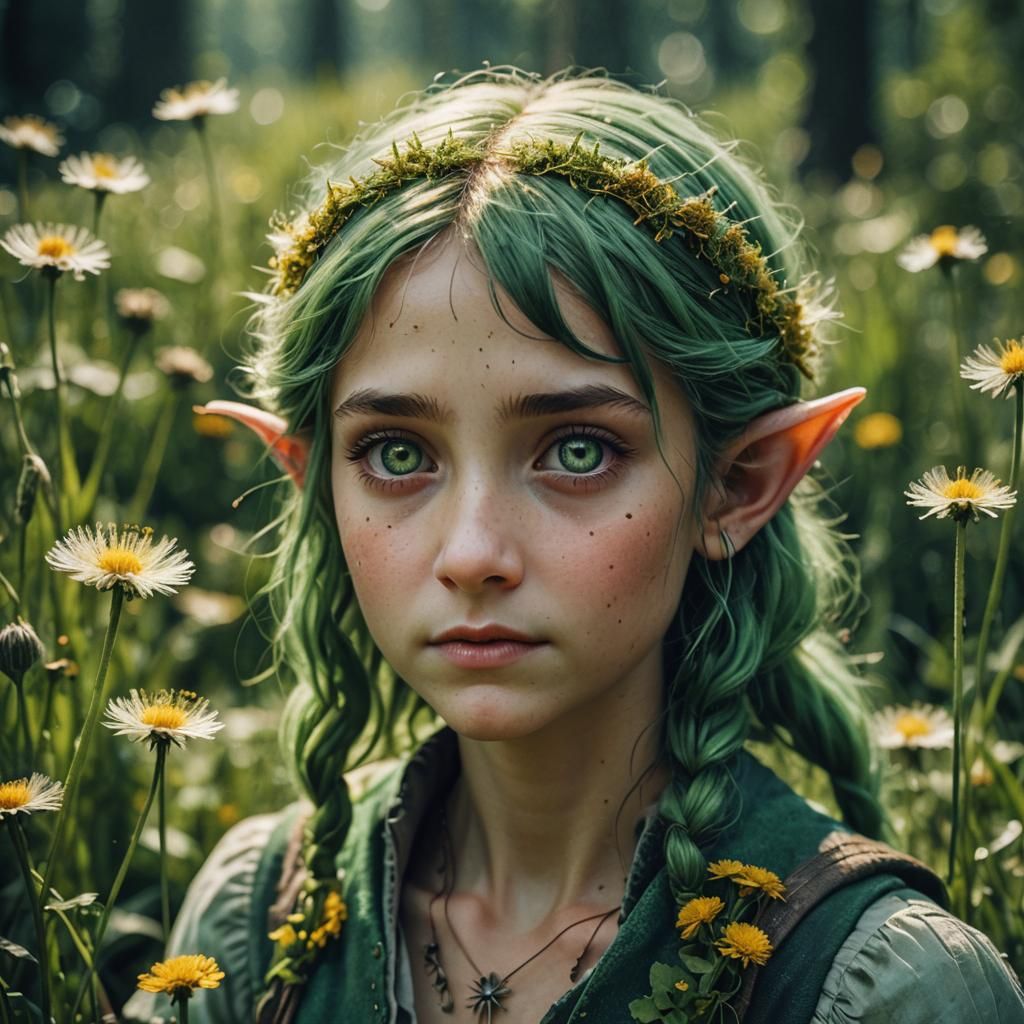 Miniature Elves with Dandelions: A Cinematic Still