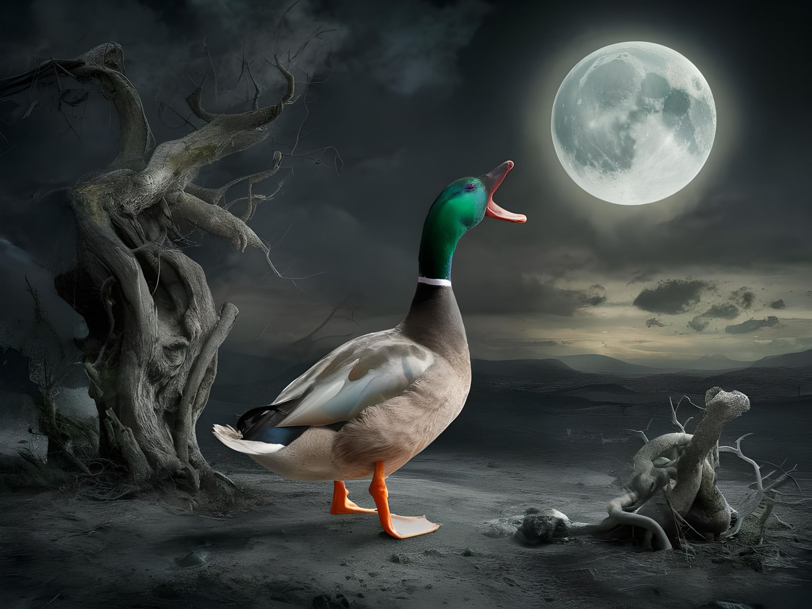 Surreal Duck Howling at the Moon