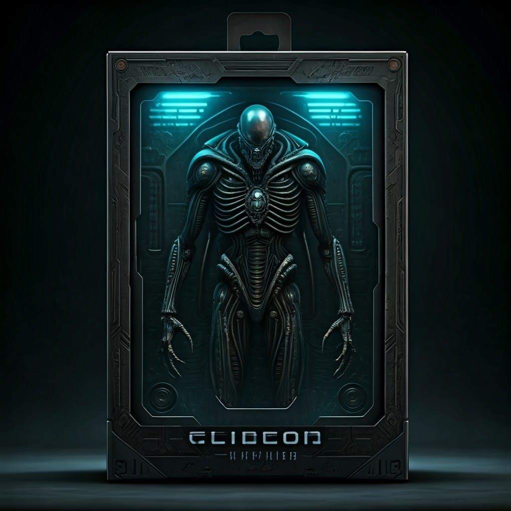 Biomechanical Alien Action Figure in Dark Sci-Fi Style