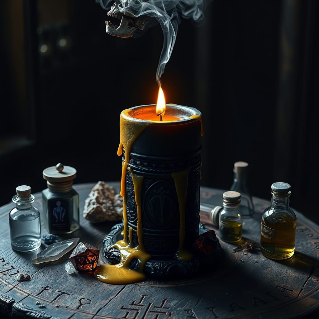 Ornate Black Candle with Skull Smoke in Dark Fantasy