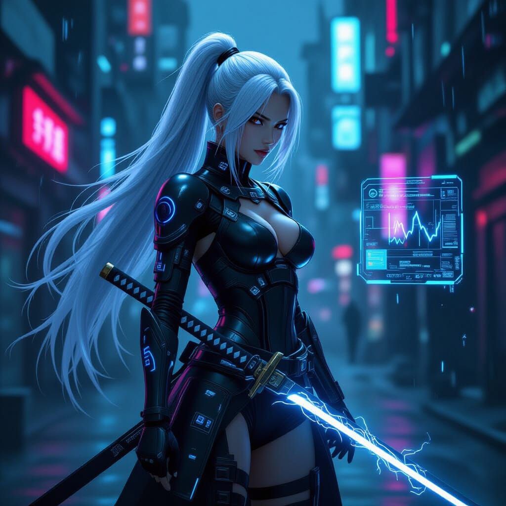 Cyberpunk Warrior in Neon Cityscape, Photorealistic Digital ...