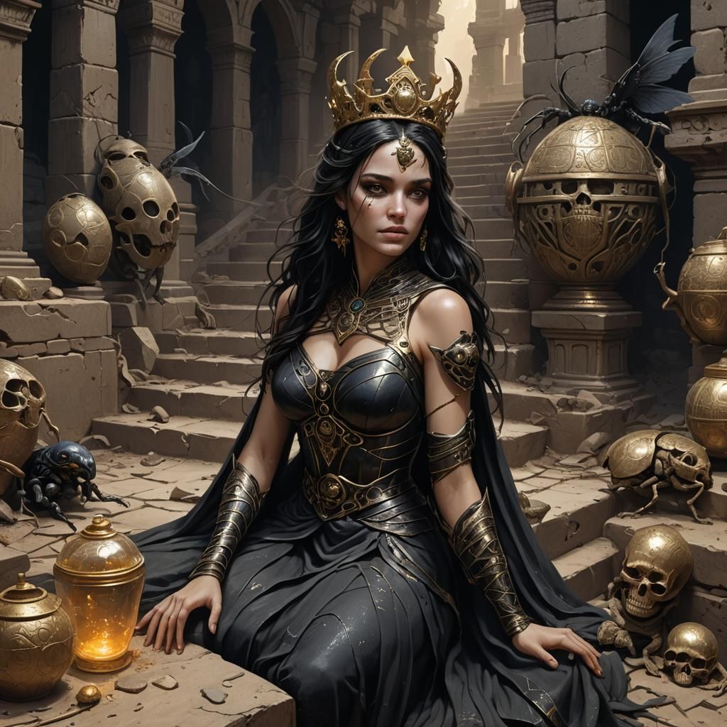 Dark Fantasy Tomb Scene with Woman and Snake