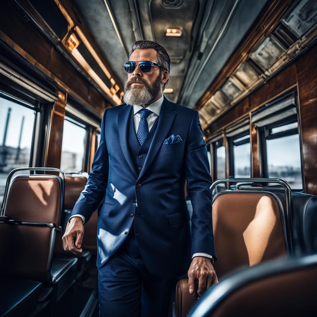 Stylish Man on Train: Hyperrealistic Cinematic Portrait