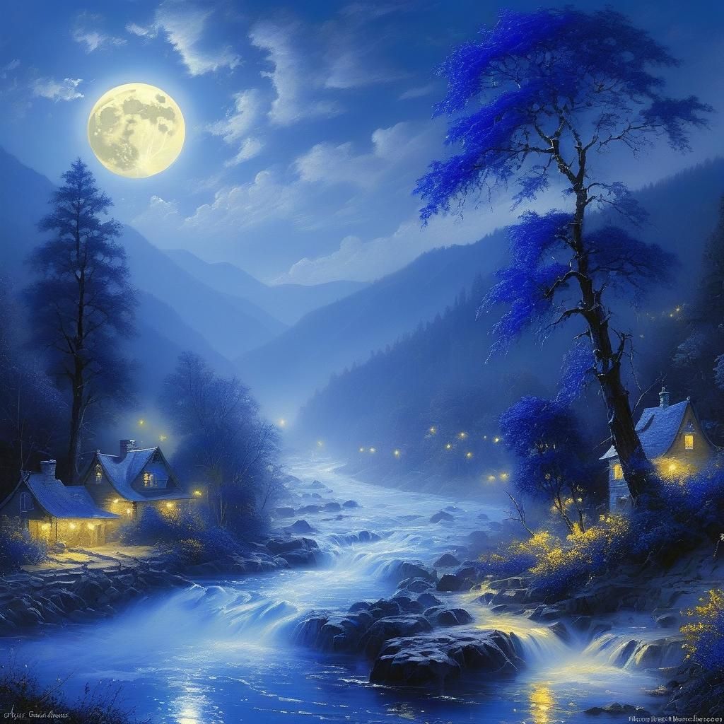 Royal Blue River Under Moonlight in Kinkade Style
