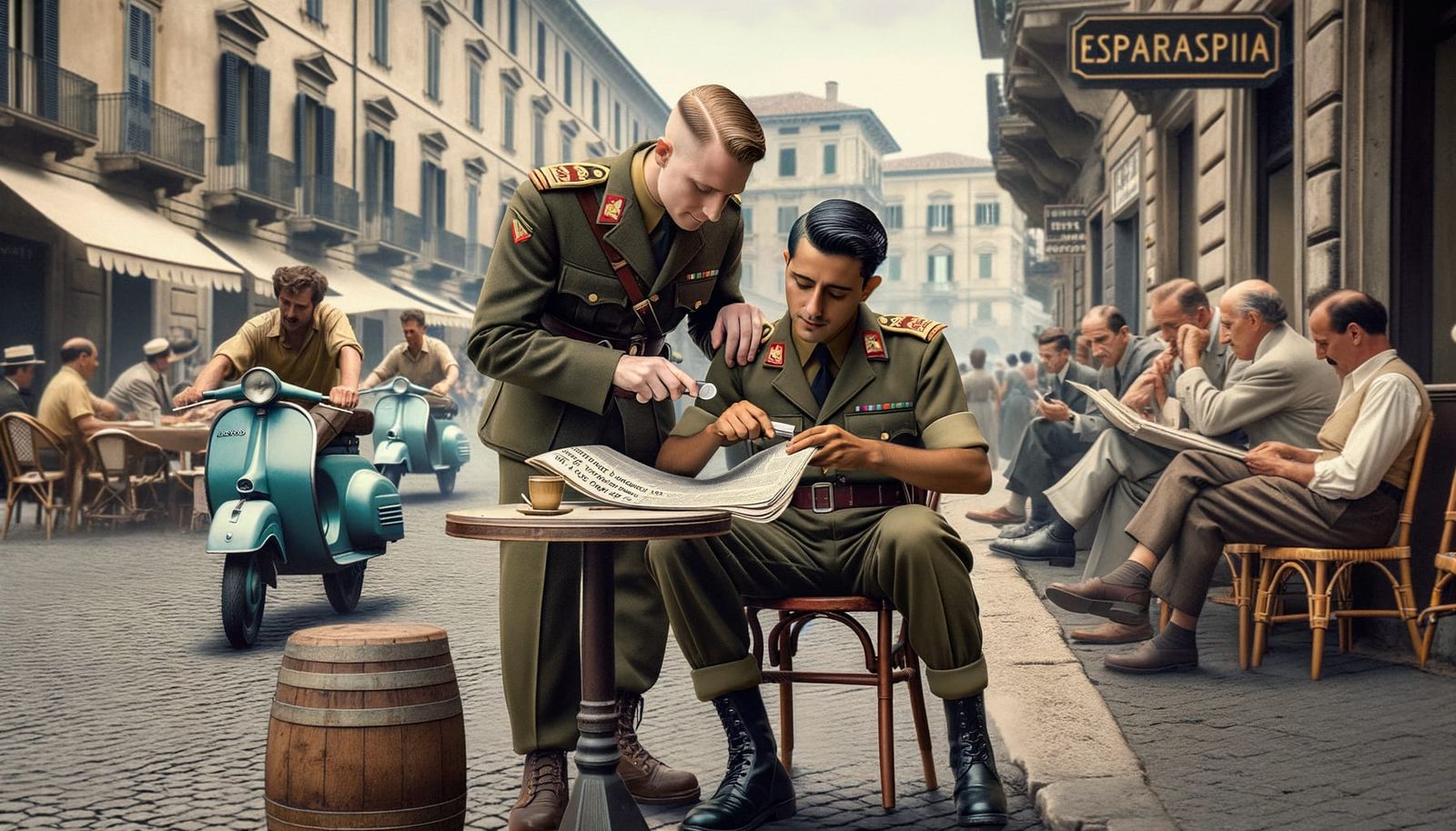 Military Police Reading Newspaper in Italian Cafe