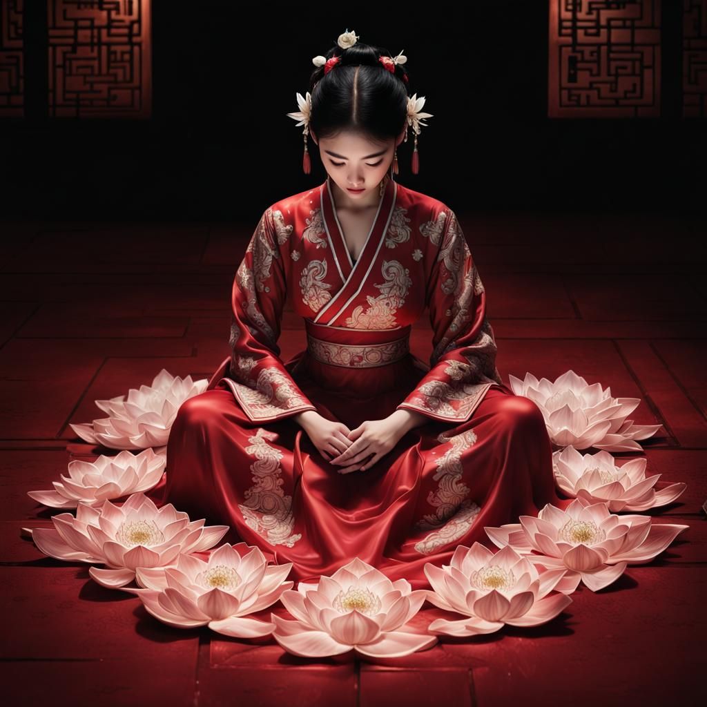 detailed beautiful Chinese girl adorned in a flowing traditional red gown with a delicate lotus flower cascading to the ...