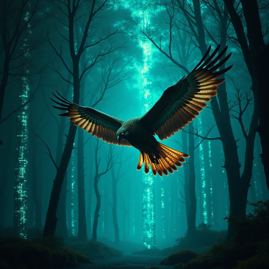 Cyberpunk Hawk Soaring Through Bioluminescent Forest