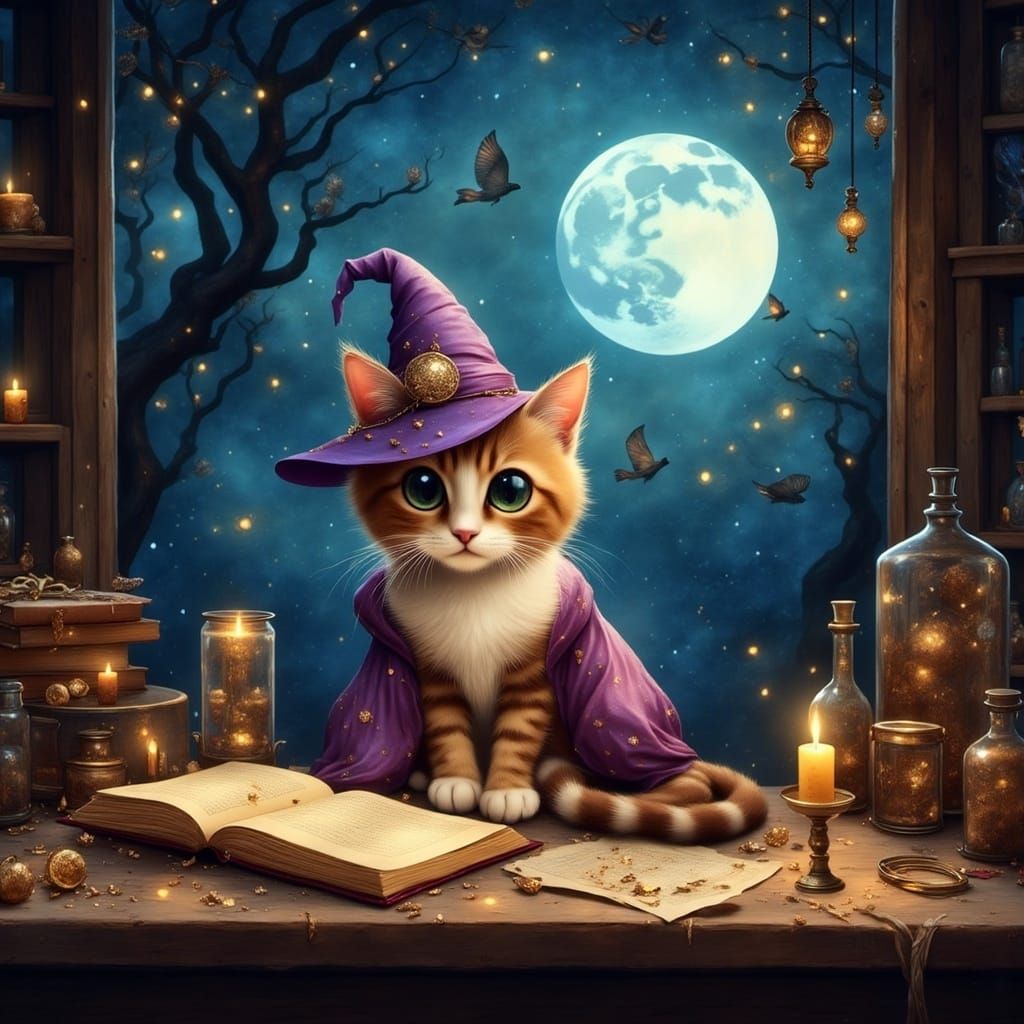 Adorable Kitten Mage in Magical Study
