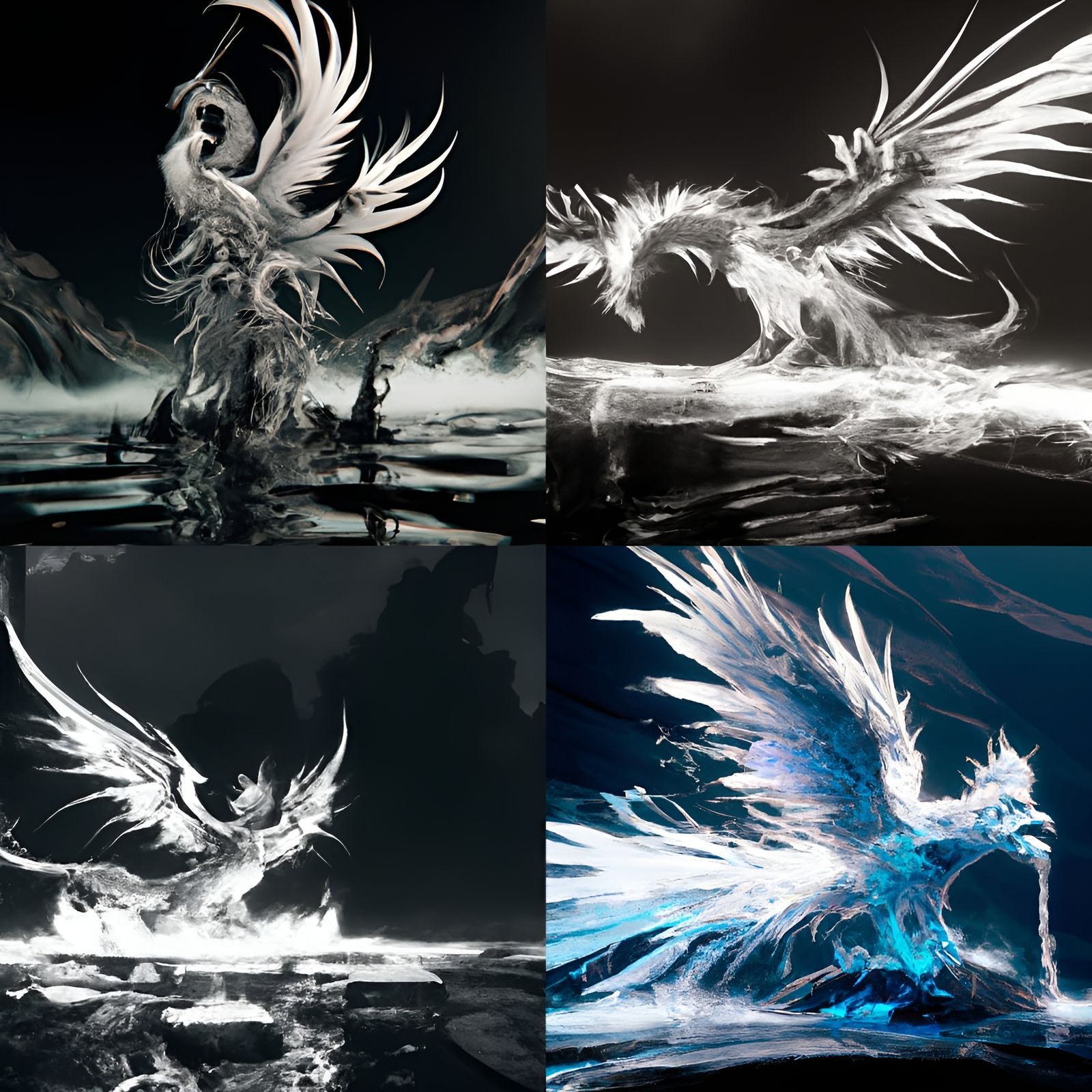 Monochrome Water Phoenix: Dark Fantasy Concept Art