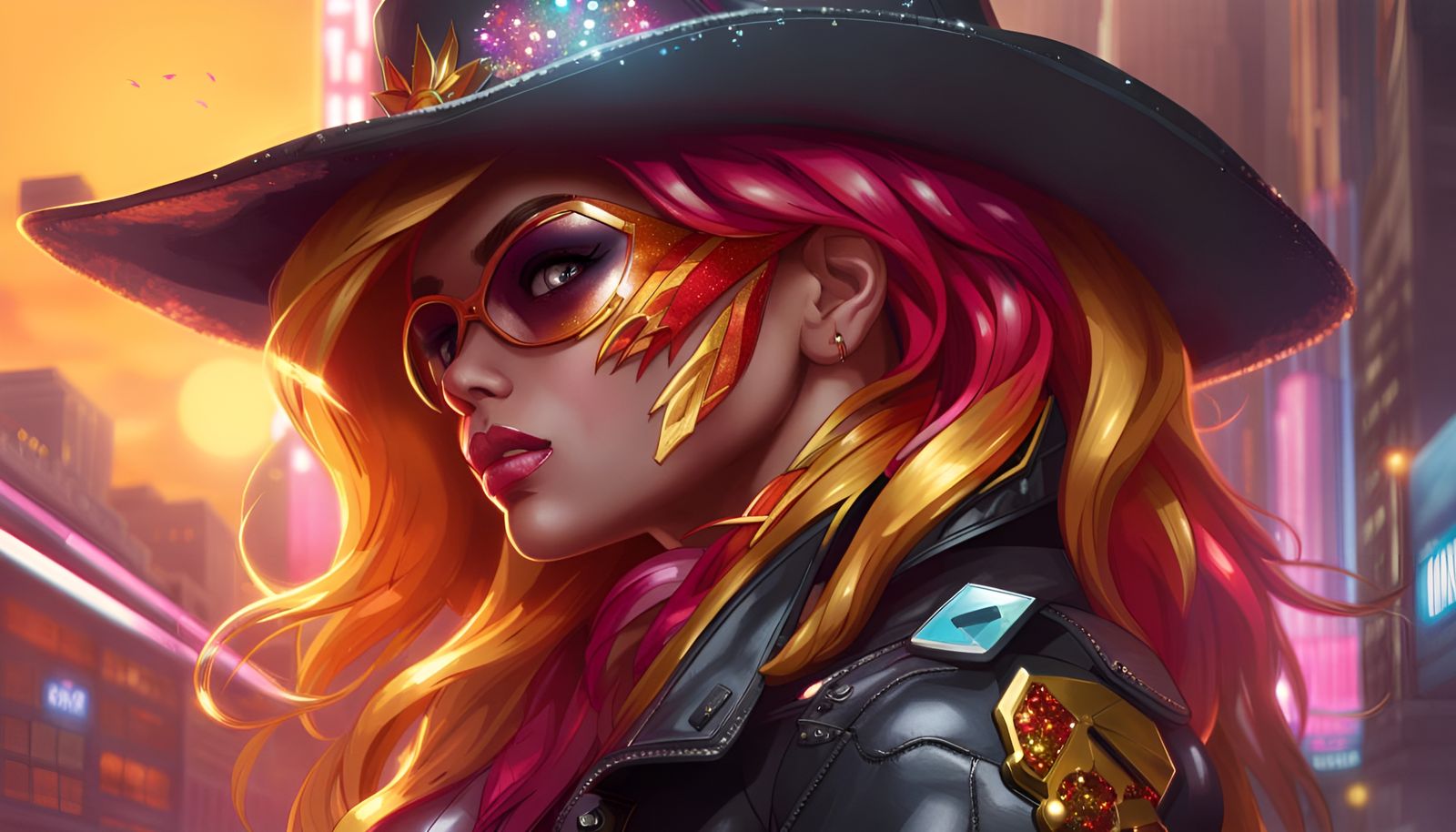 Cyberpunk Sunset Shimmer Portrait in Maximalist Style