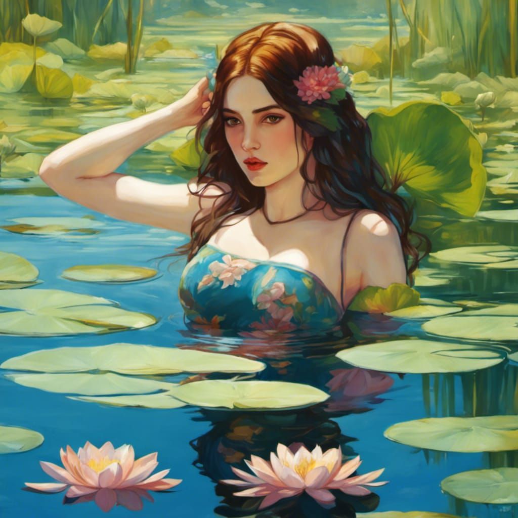 Woman Bathing in Lily Lake, Pre-Raphaelite Style