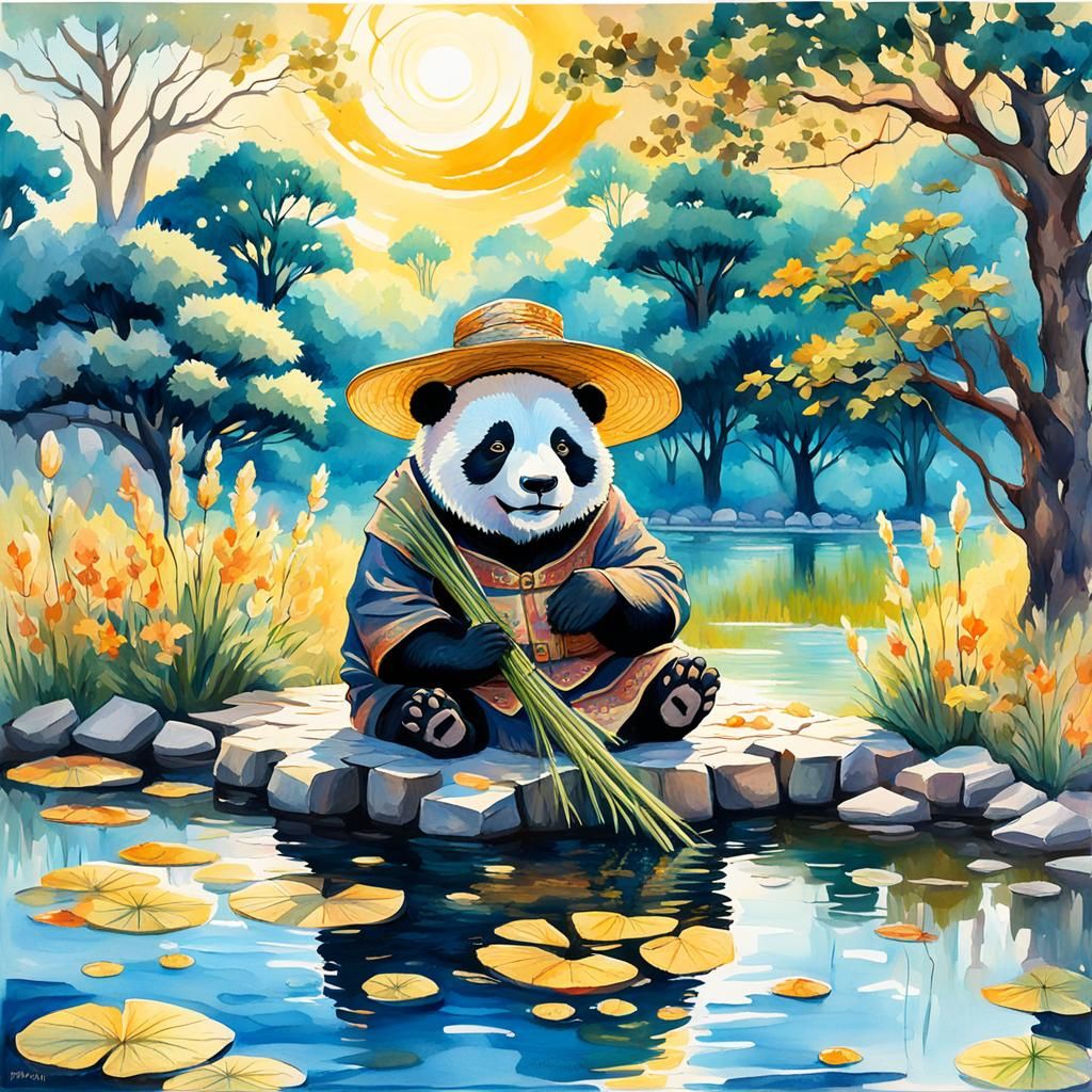 Panda Bear Under Elder Tree: Gouache Watercolor Impressionis...