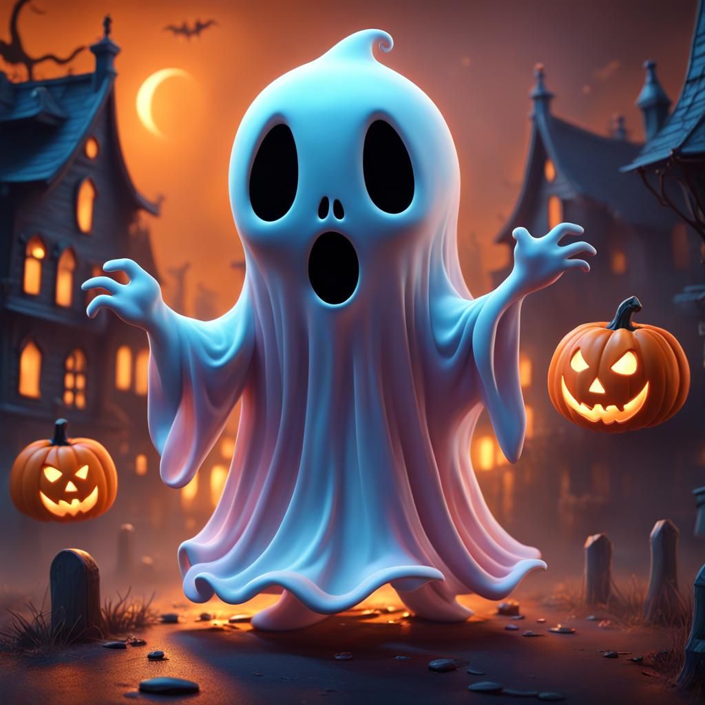 Cute Halloween Ghost in Detailed Matte Painting