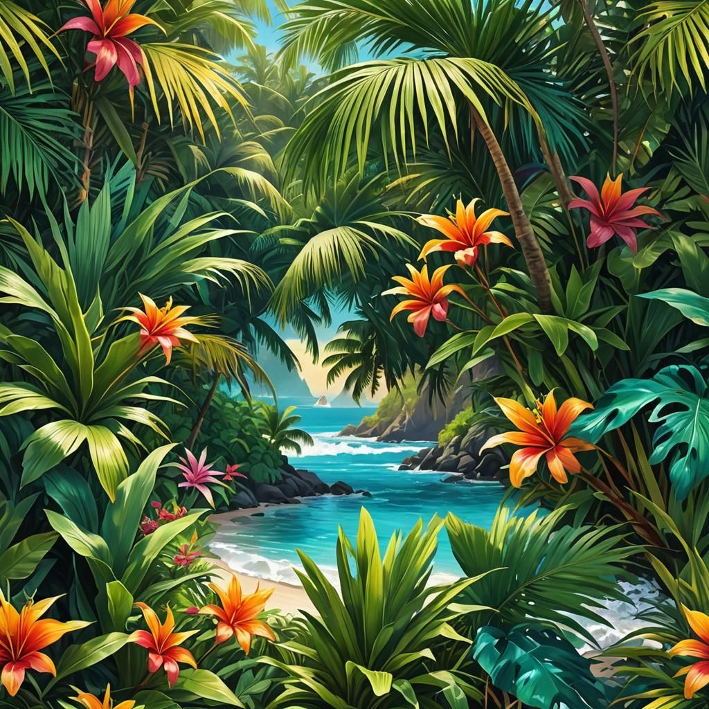 Lush Tropical Cove in Vivid Digital Art