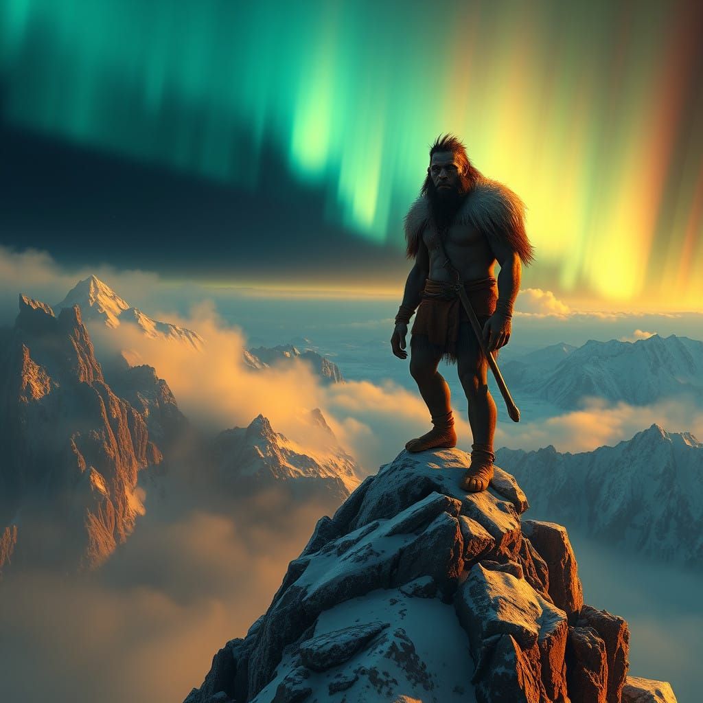 Neanderthal Warrior in Ethereal Landscape