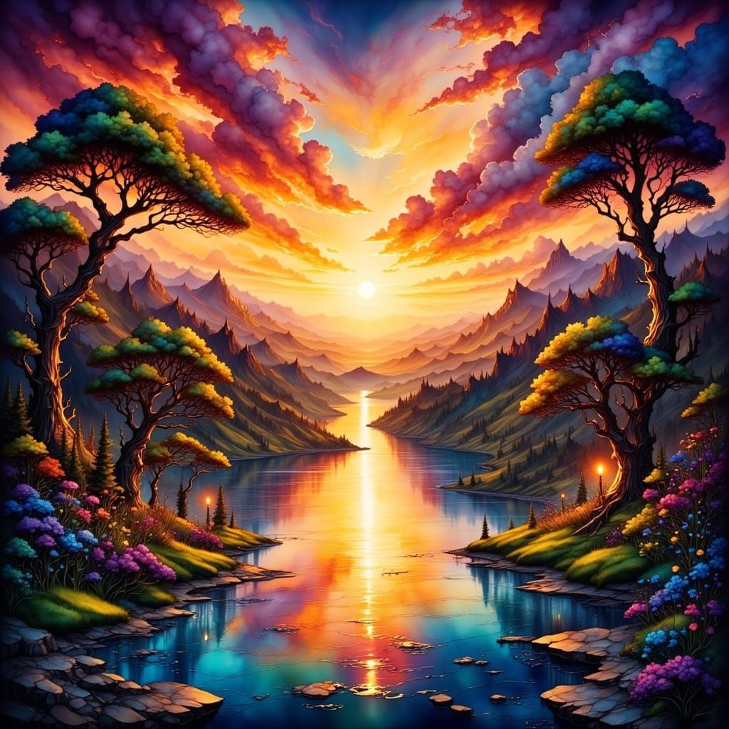 Sunset Over Sienn River in Fantasy Matte Painting