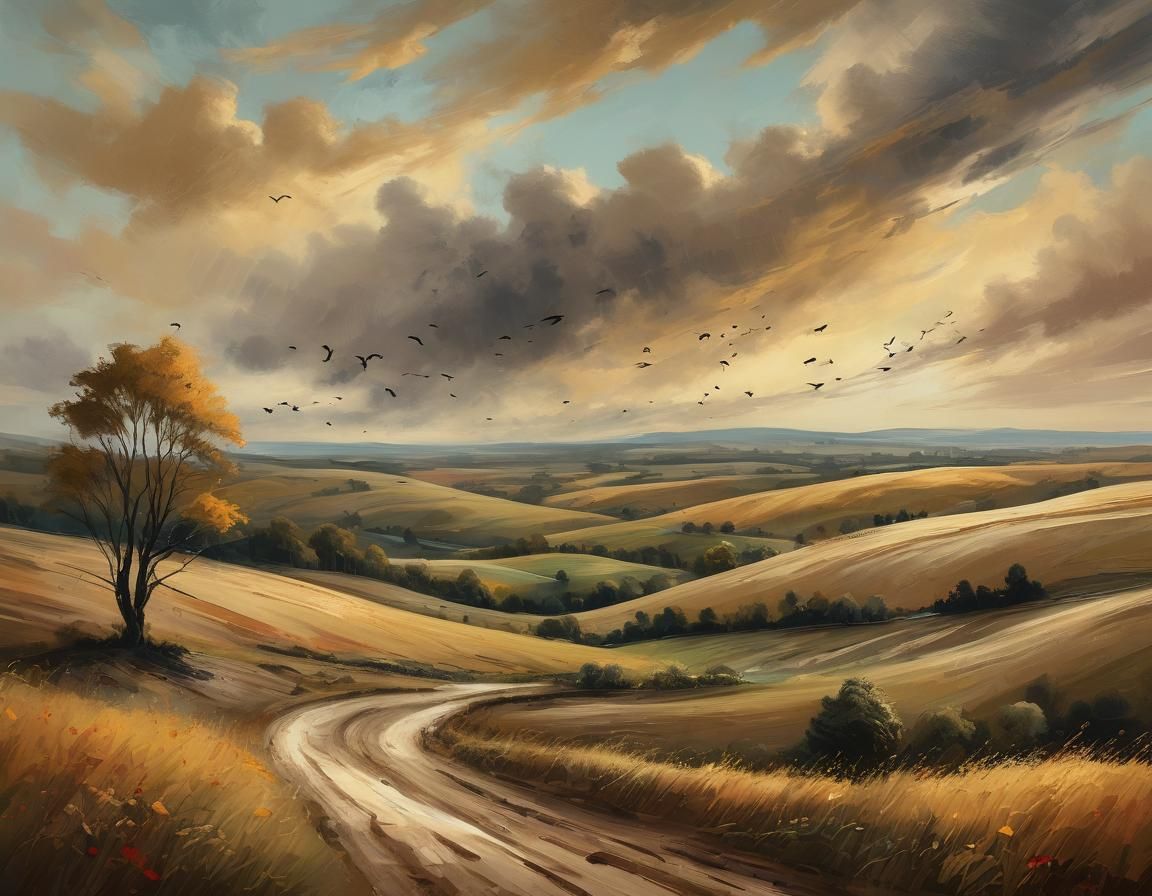 Expressionist Landscape Painting with Rolling Hills