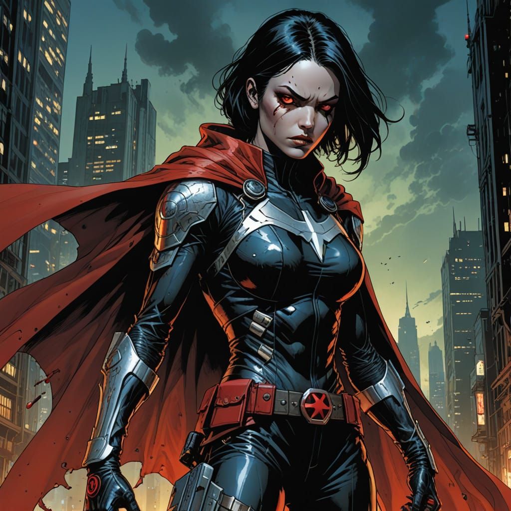 Dark Heroine in Battle-Worn Jumpsuit and Crimson Cape