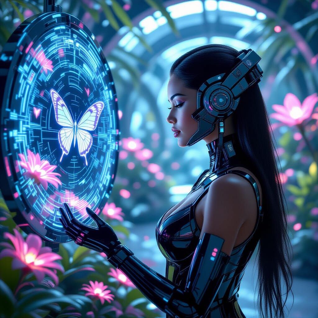 Cybernetic Woman in Futuristic Garden, Cinematic Film Still