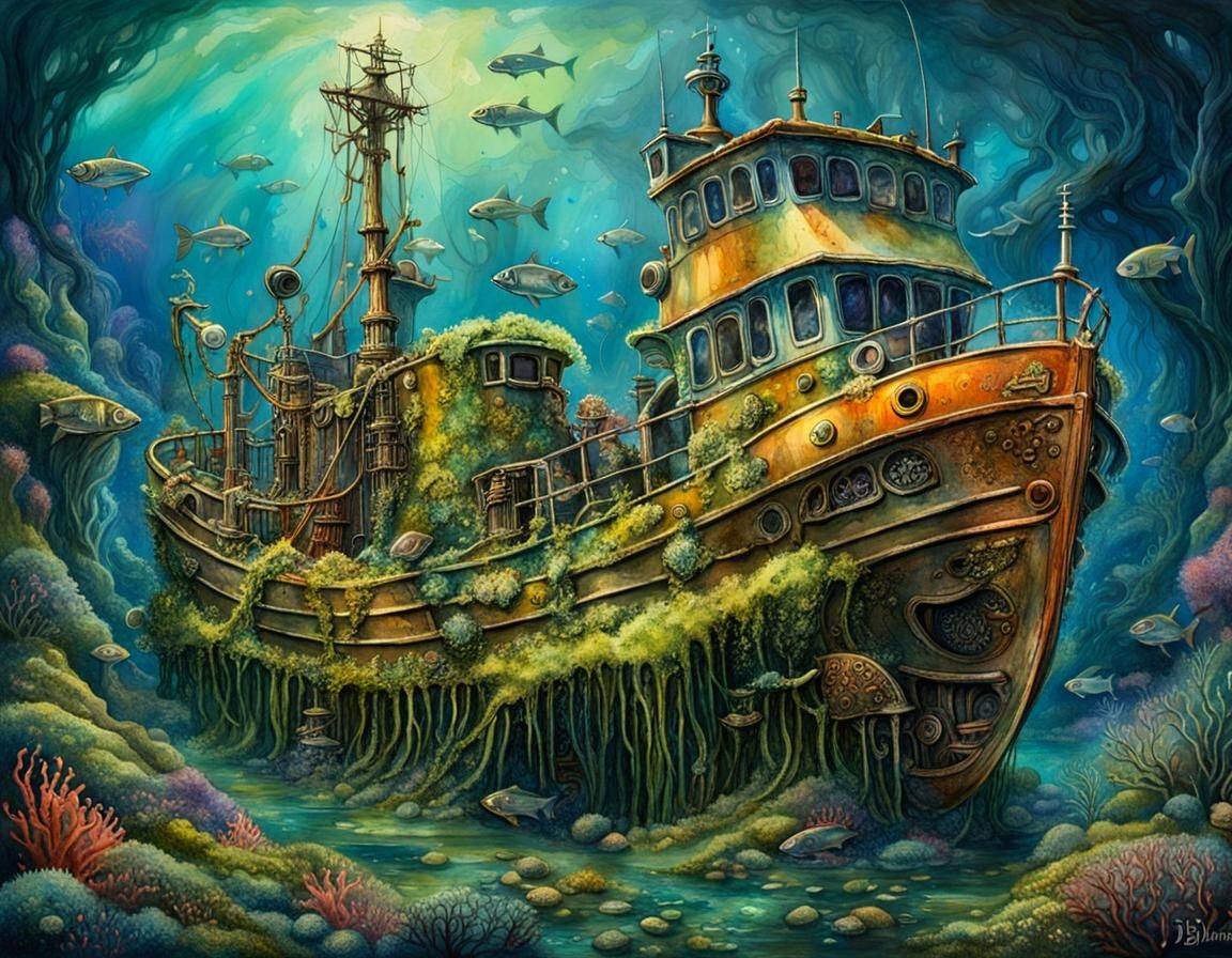 Sunken Fishing Trawler in Watercolor Style